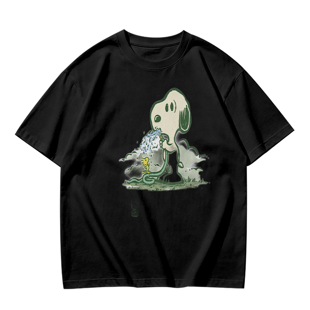 Olive T-shirt with Snoopy and Woodstock Watering Print