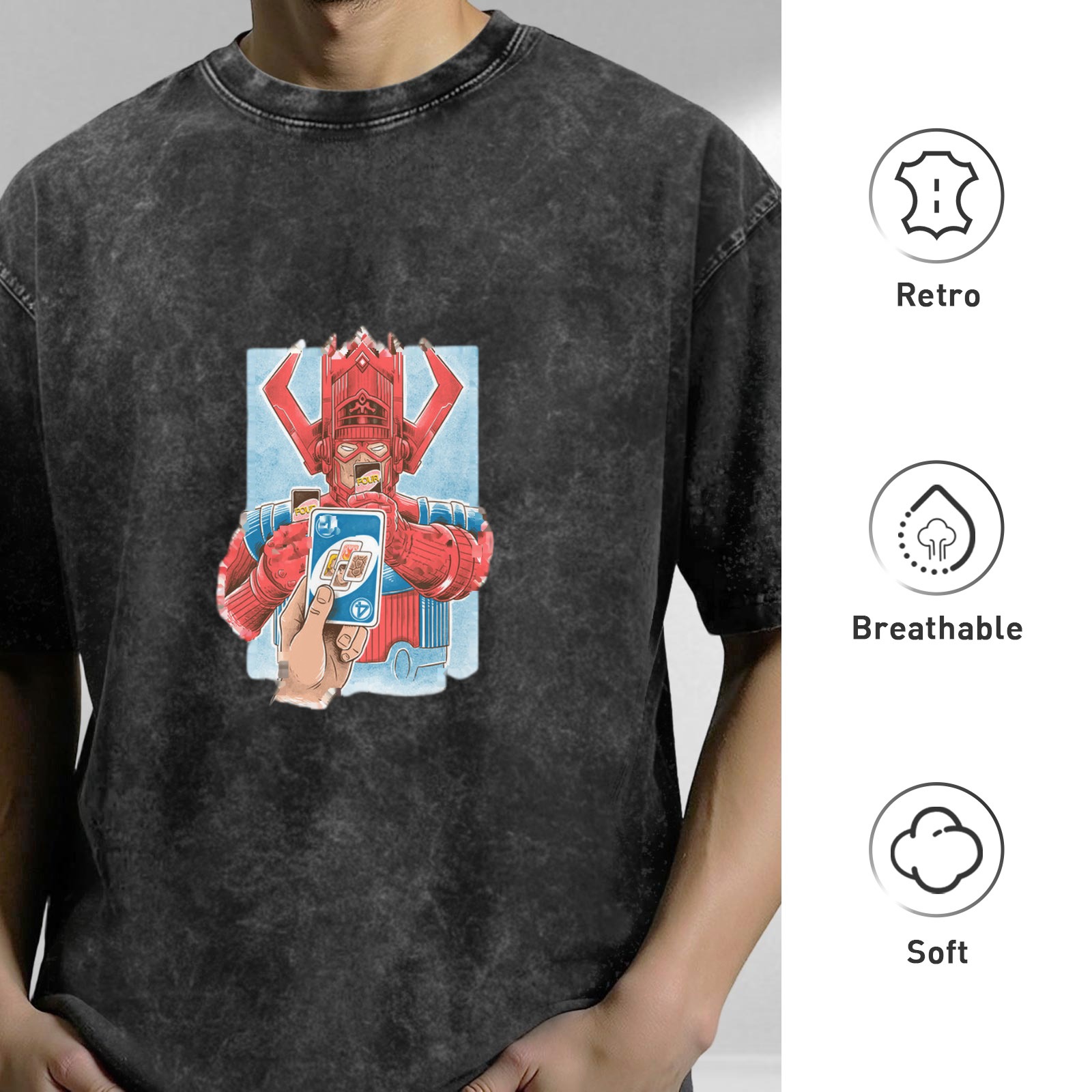 Galactus holding Uno card graphic on acid wash t-shirt