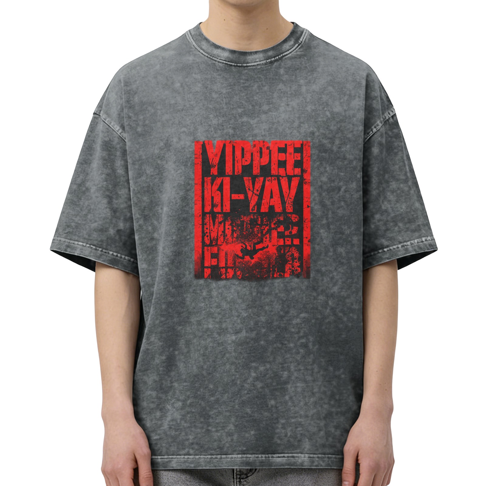 Distressed washed black short-sleeved T-shirt printed YIPPEE KI-YAY theme pattern casual loose style