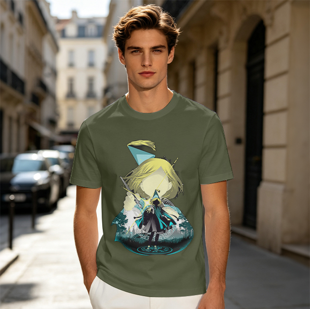 Olive T-Shirt With Chibi Wizard Anime Character Print