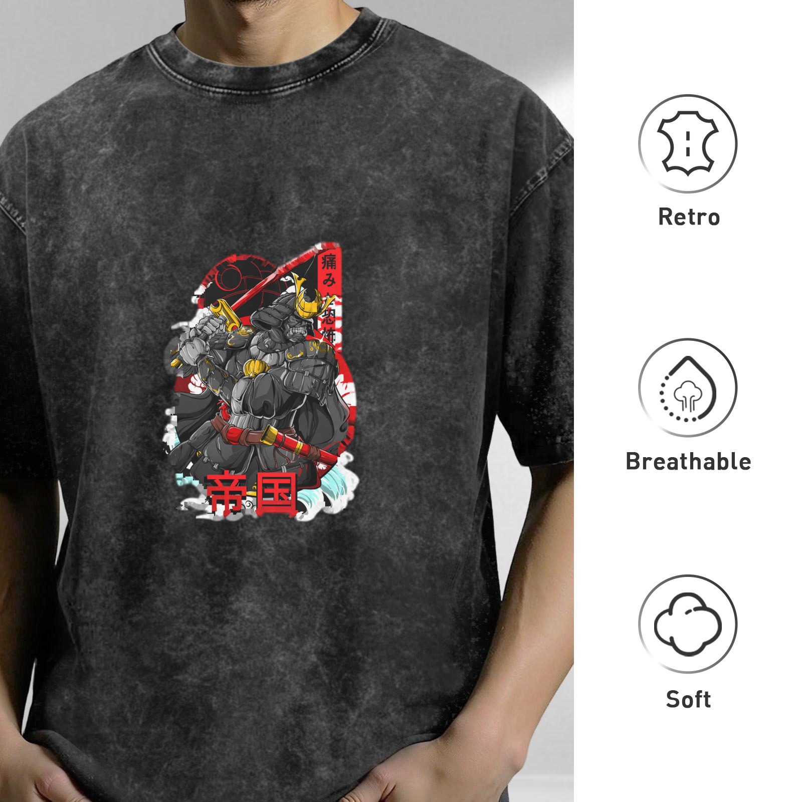 Oversized Black Acid Wash T-Shirt with Japanese Samurai Graphic Print