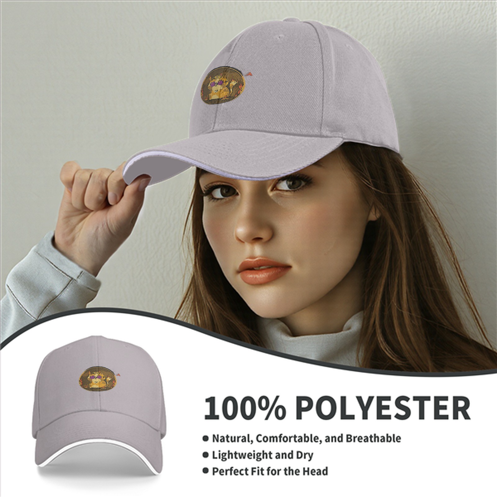 Black Baseball Cap With Cool Demon Cat Graphic Print