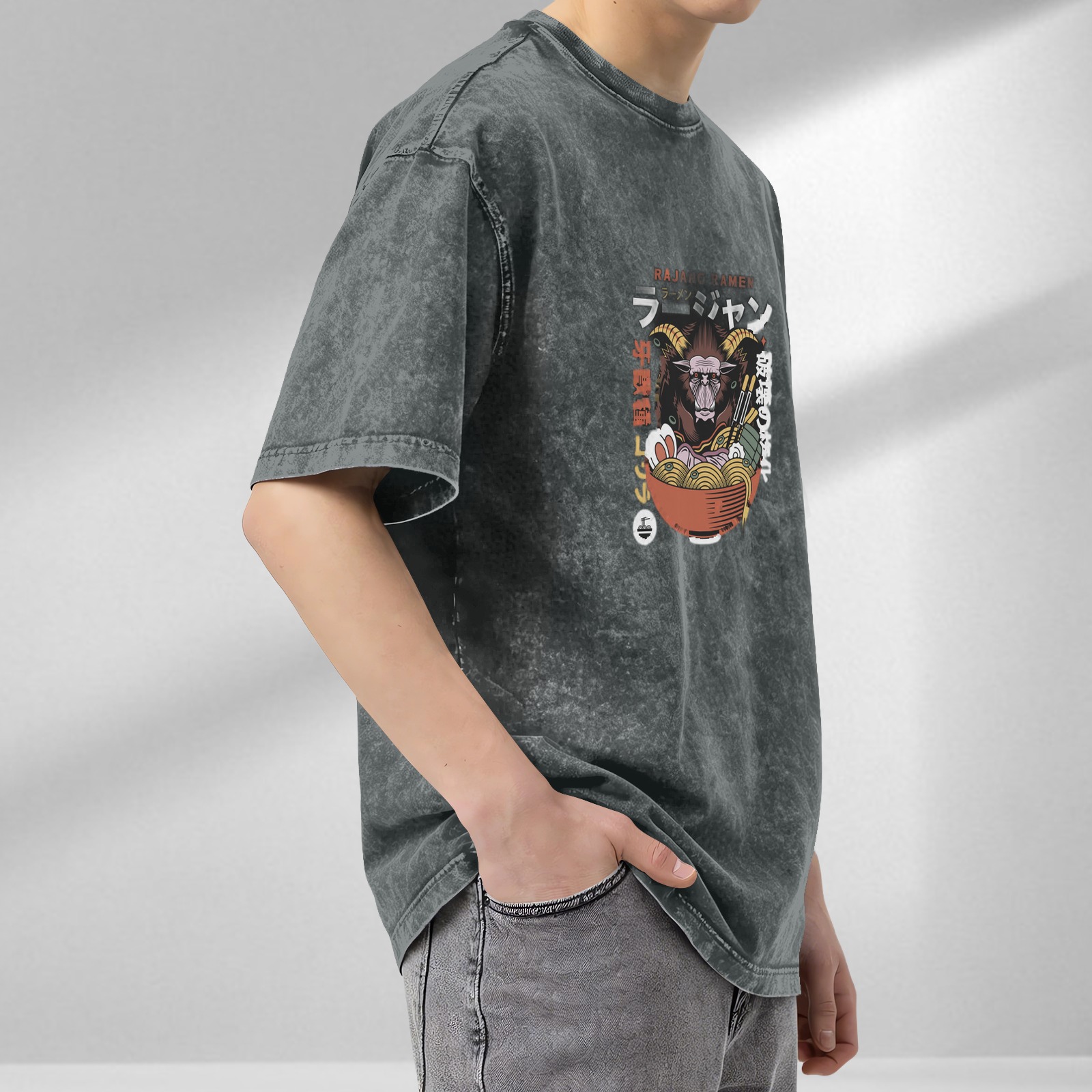 Oversized Acid Wash T-Shirt With Monster Ramen Graphic Print