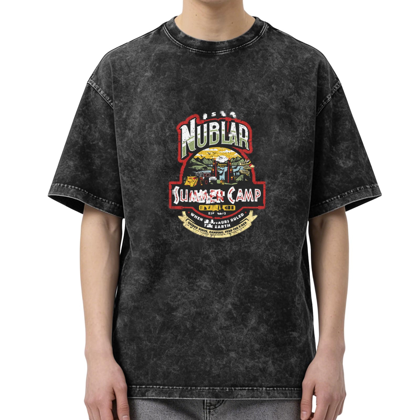 Nublar Summer Camp themed distressed washed black short-sleeved T-shirt