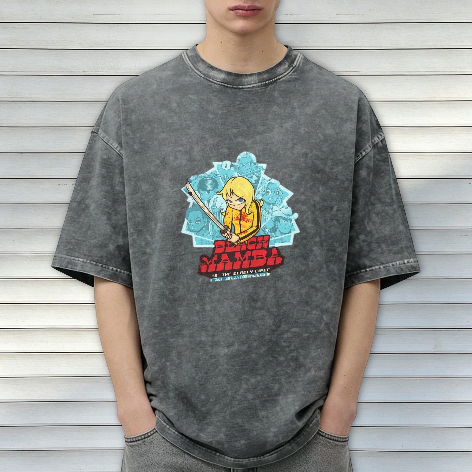 Washed distressed black short-sleeved T-shirt Kill Bill themed cartoon print Black Mamba pattern top