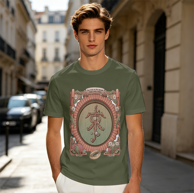 Olive Green T-Shirt with Ornate Framed Symbol Artwork