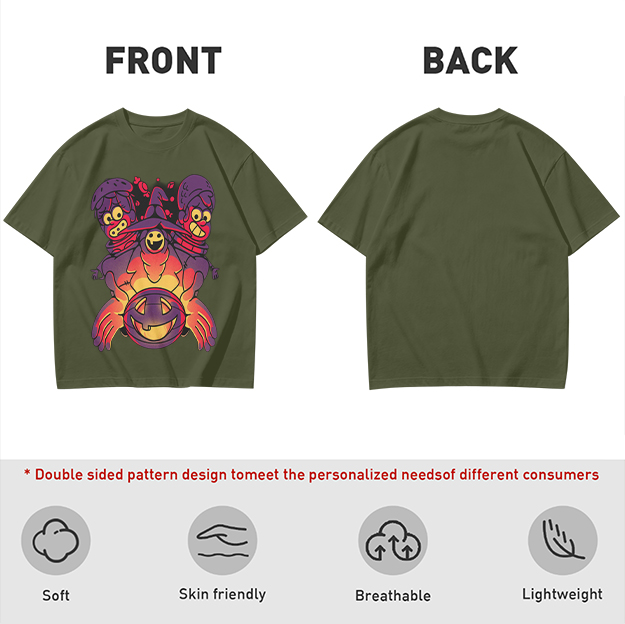 Olive T-Shirt With Halloween Three-Headed Witch And Jack-O'-Lantern Print