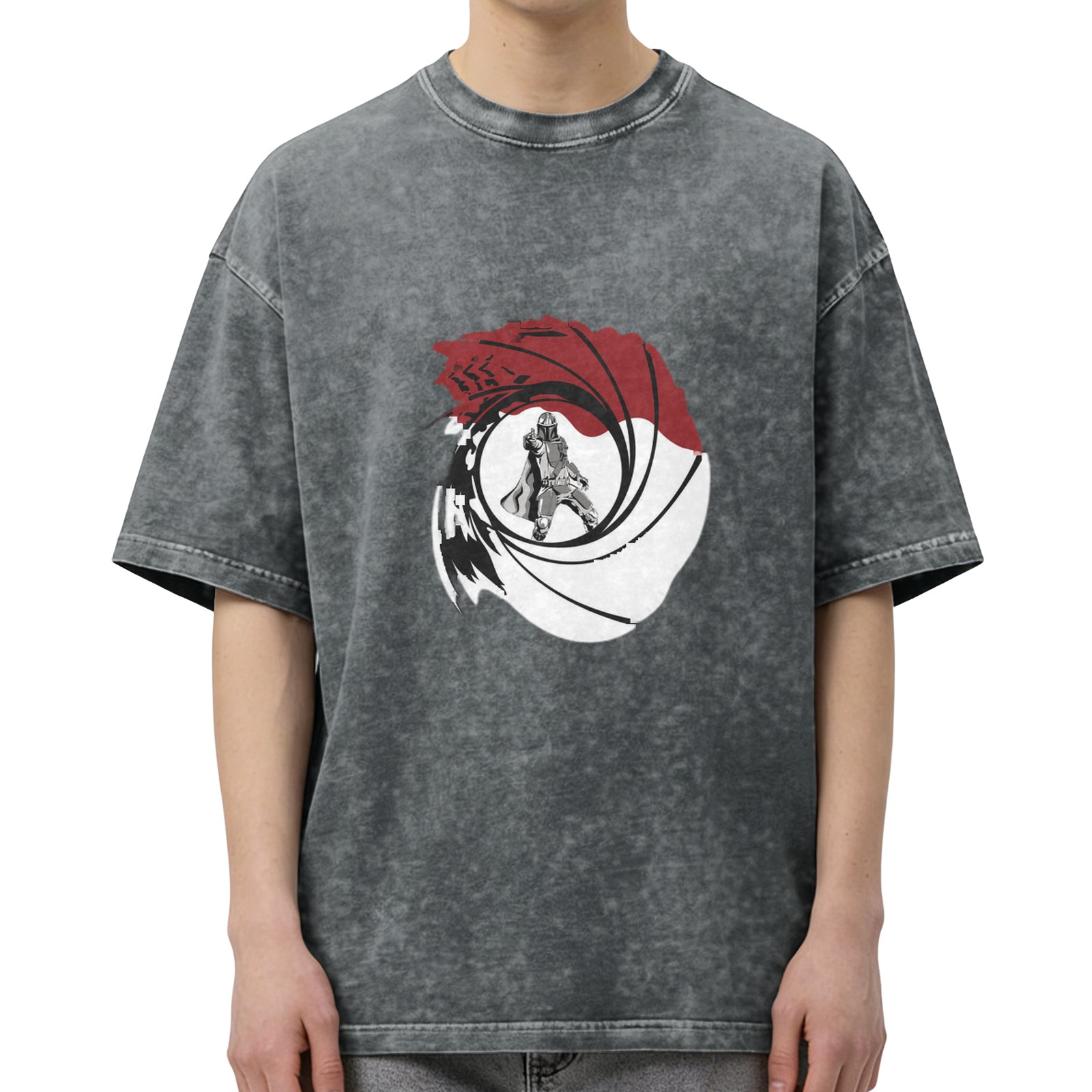 Distressed black round neck short-sleeved T-shirt with secret agent theme gun barrel pattern print