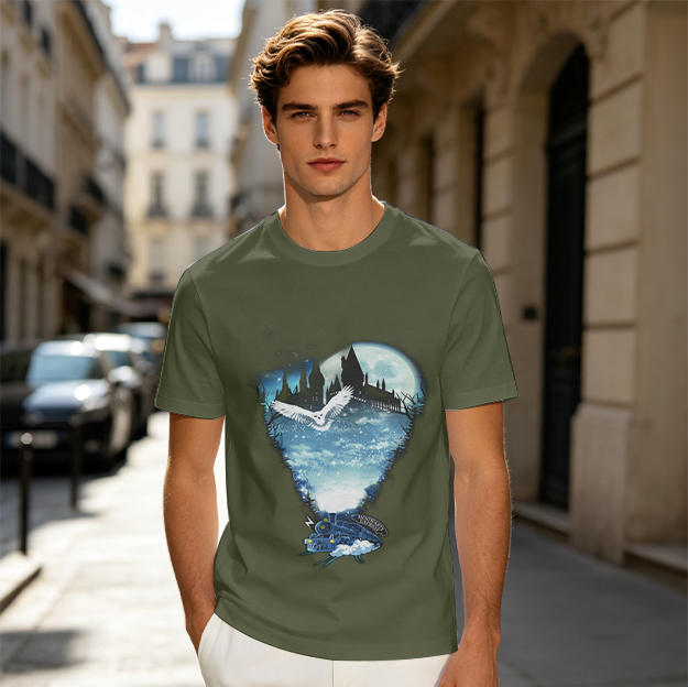 Olive T-Shirt With Magical Castle Owl Night Sky Graphic