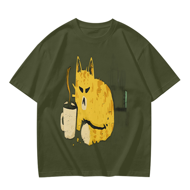 Olive T-Shirt With Grumpy Cat Holding Hot Coffee Print