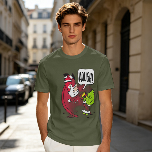 Olive Christmas T-Shirt With Grinch Lifting Santa Claus Print