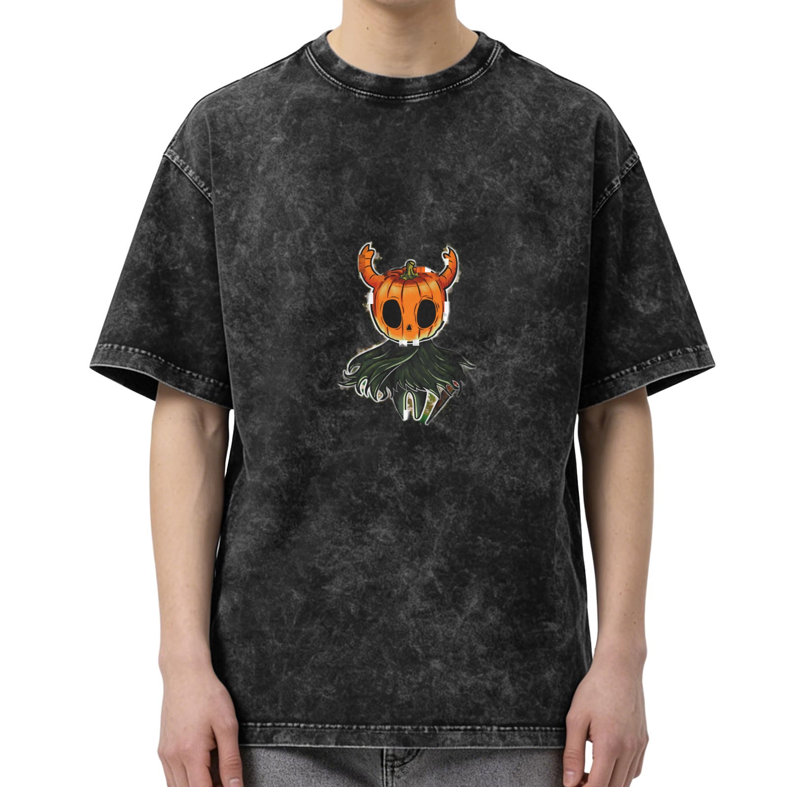 Oversized dark washed graphic t-shirt with pumpkin horned creature print