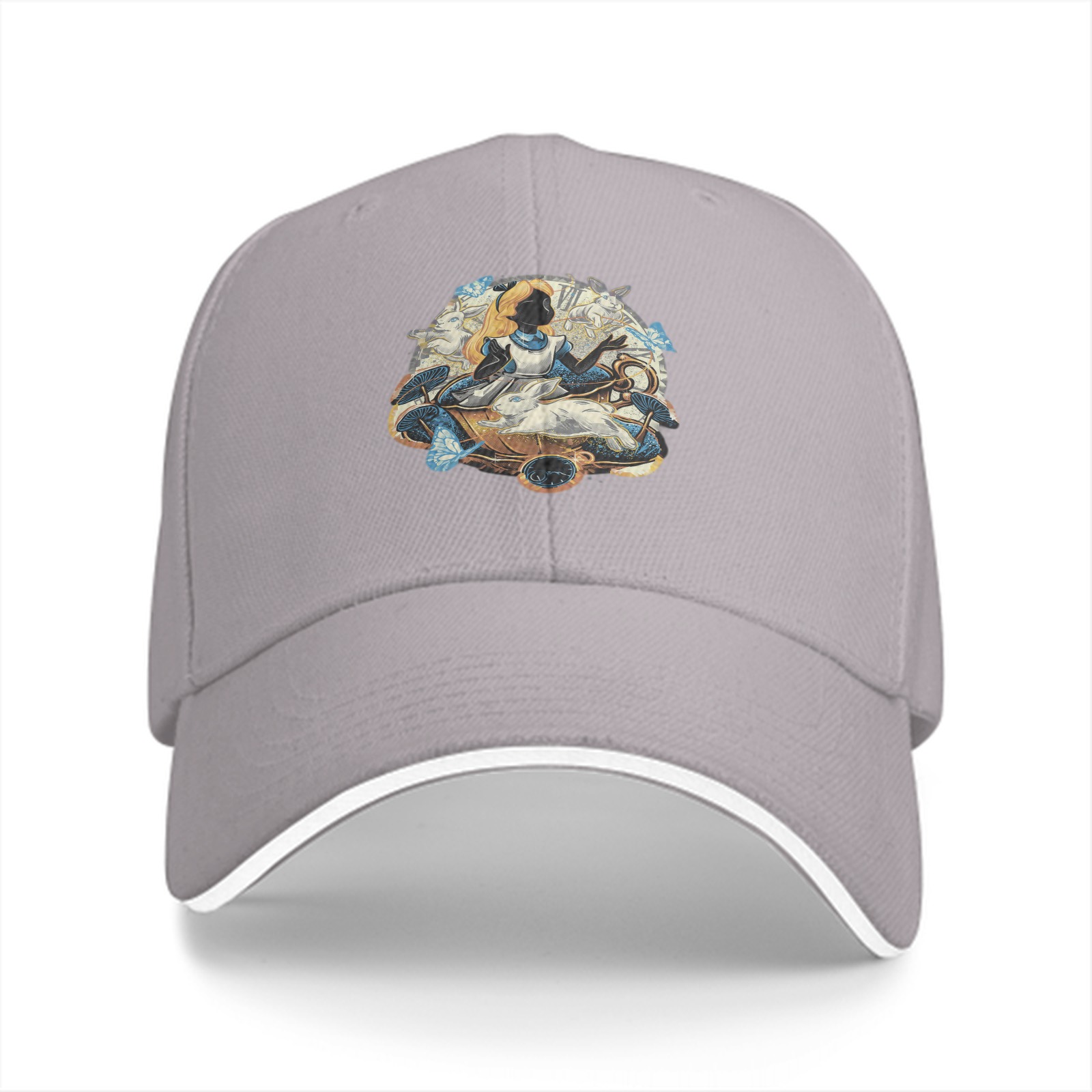 Black baseball cap with Alice in Wonderland themed graphic