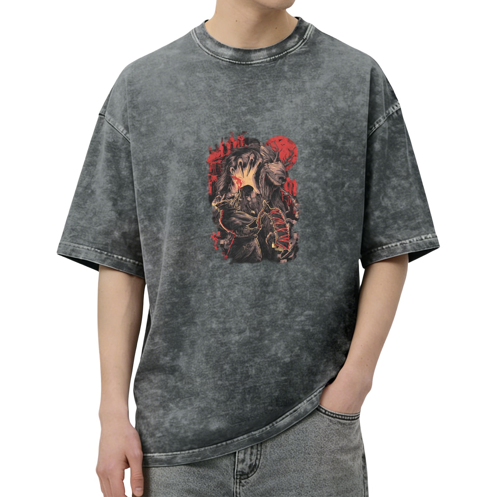 Washed Black Graphic T-Shirt With Dark Fantasy Monster And Red Moon Print