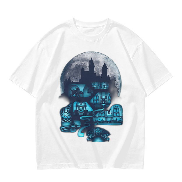 Olive T-Shirt With Glowing Castle Moon Night Graphic Print