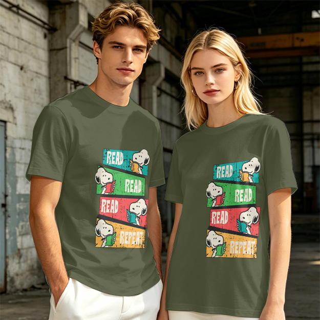 Olive T-Shirt with Snoopy Read Repeat Reading Graphic