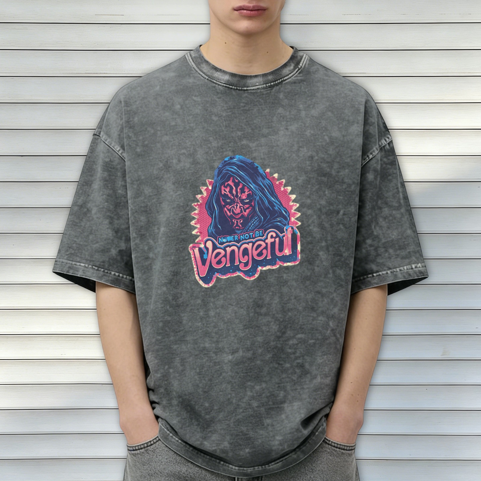Oversized Acid Wash T-Shirt With Vengeful Dark Hooded Character Print