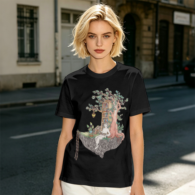 Olive t-shirt with whimsical floating treehouse reading scene print