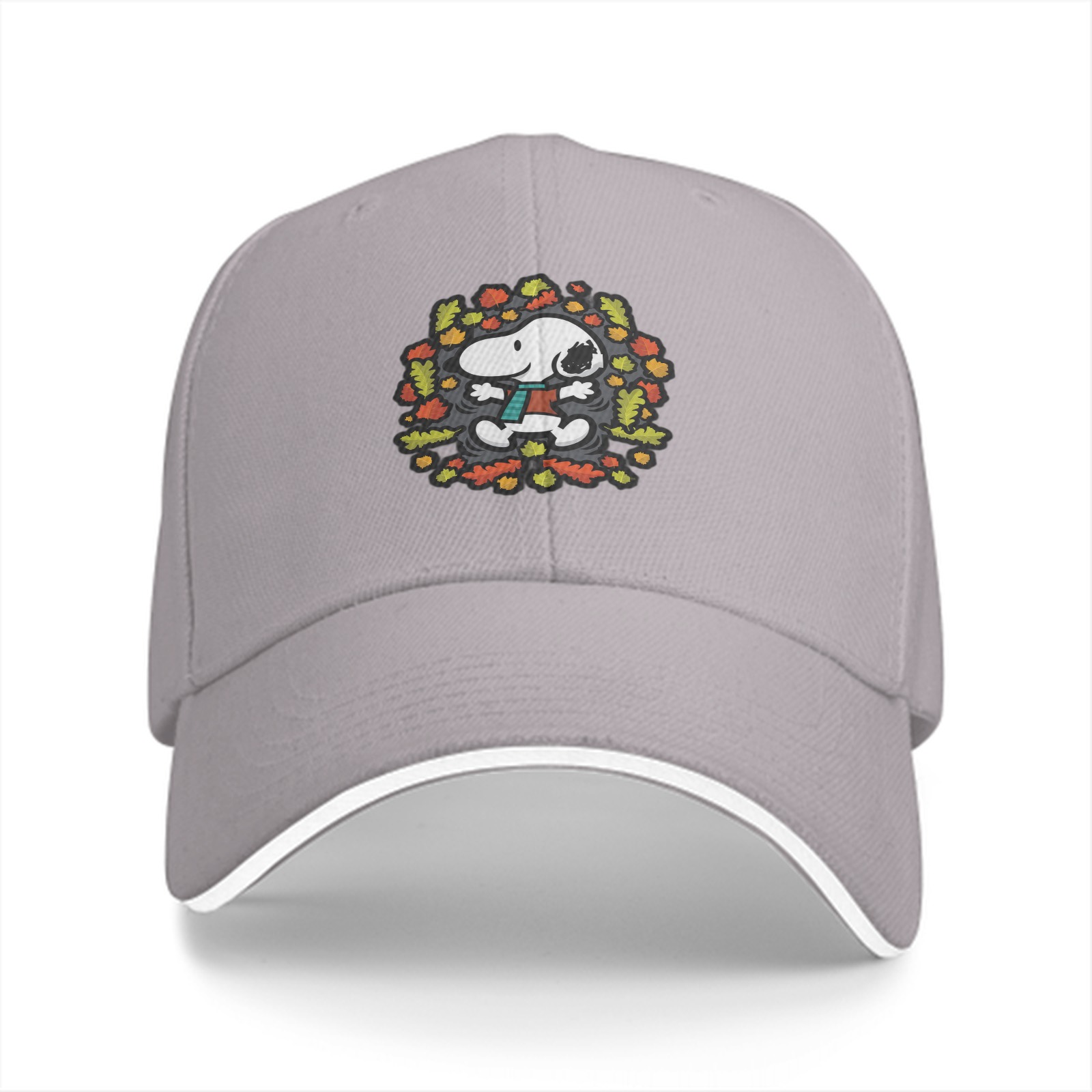 Black baseball cap with Snoopy playing in autumn leaves