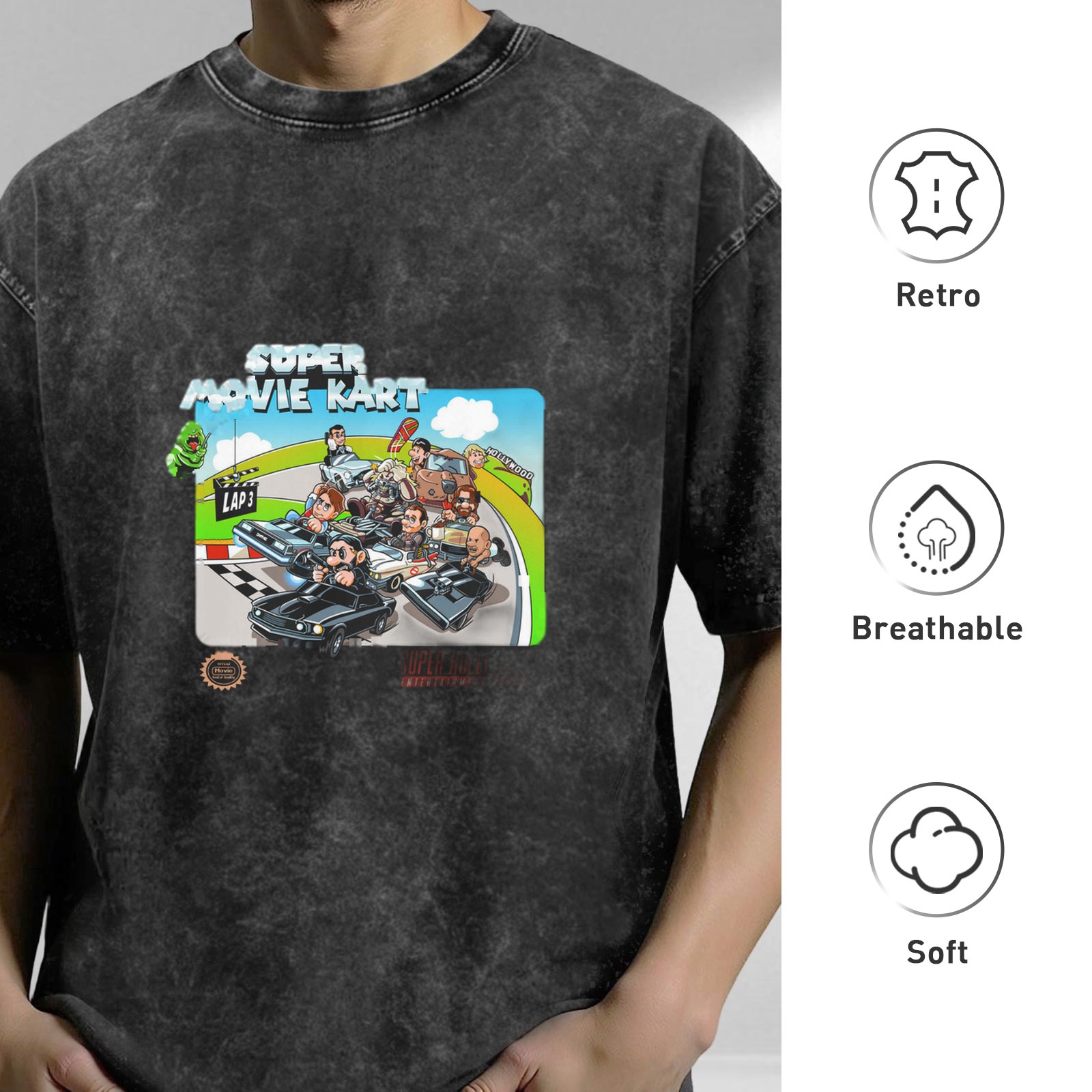Super Movie Kart Graphic Acid Wash Oversized T-shirt