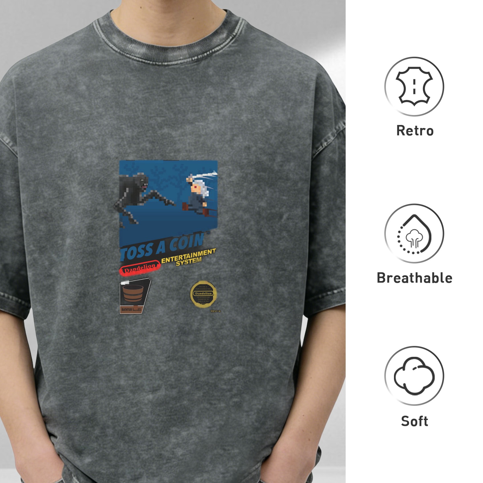 Retro distressed black pixel game themed printed loose short-sleeved T-shirt