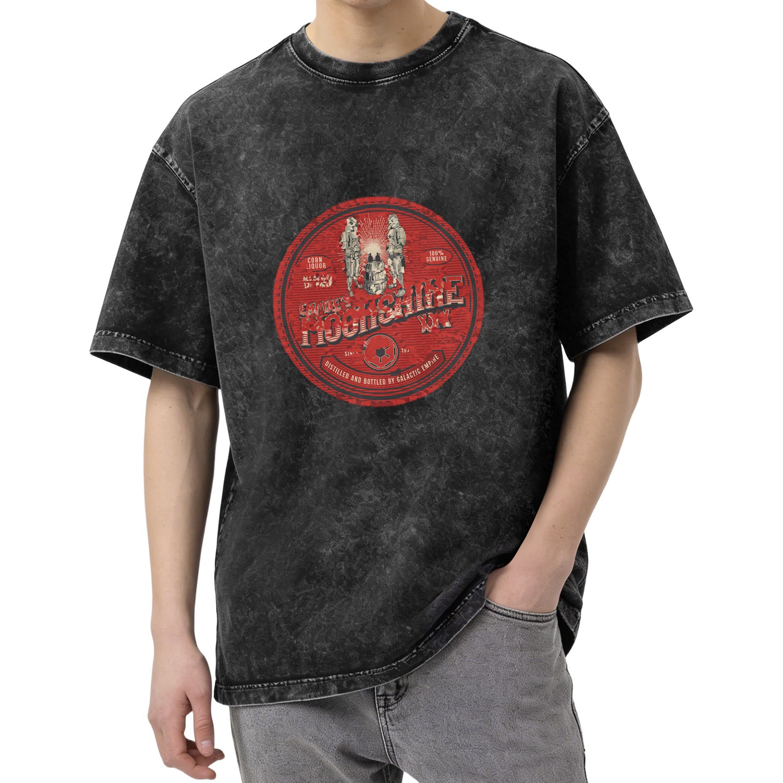 Vintage Black Acid Wash T-Shirt with Red Galactic Moonshine Graphic