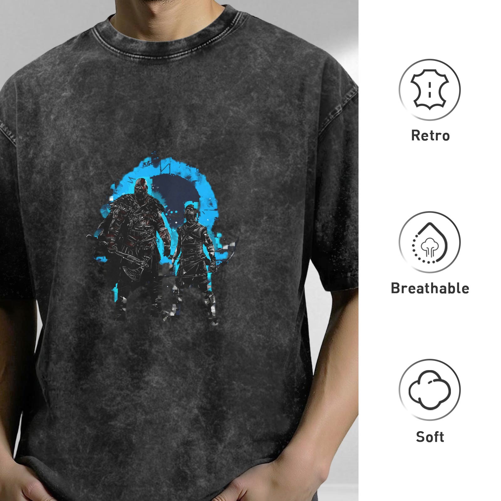 Washed Black Graphic T-Shirt with Fantasy Warrior Characters