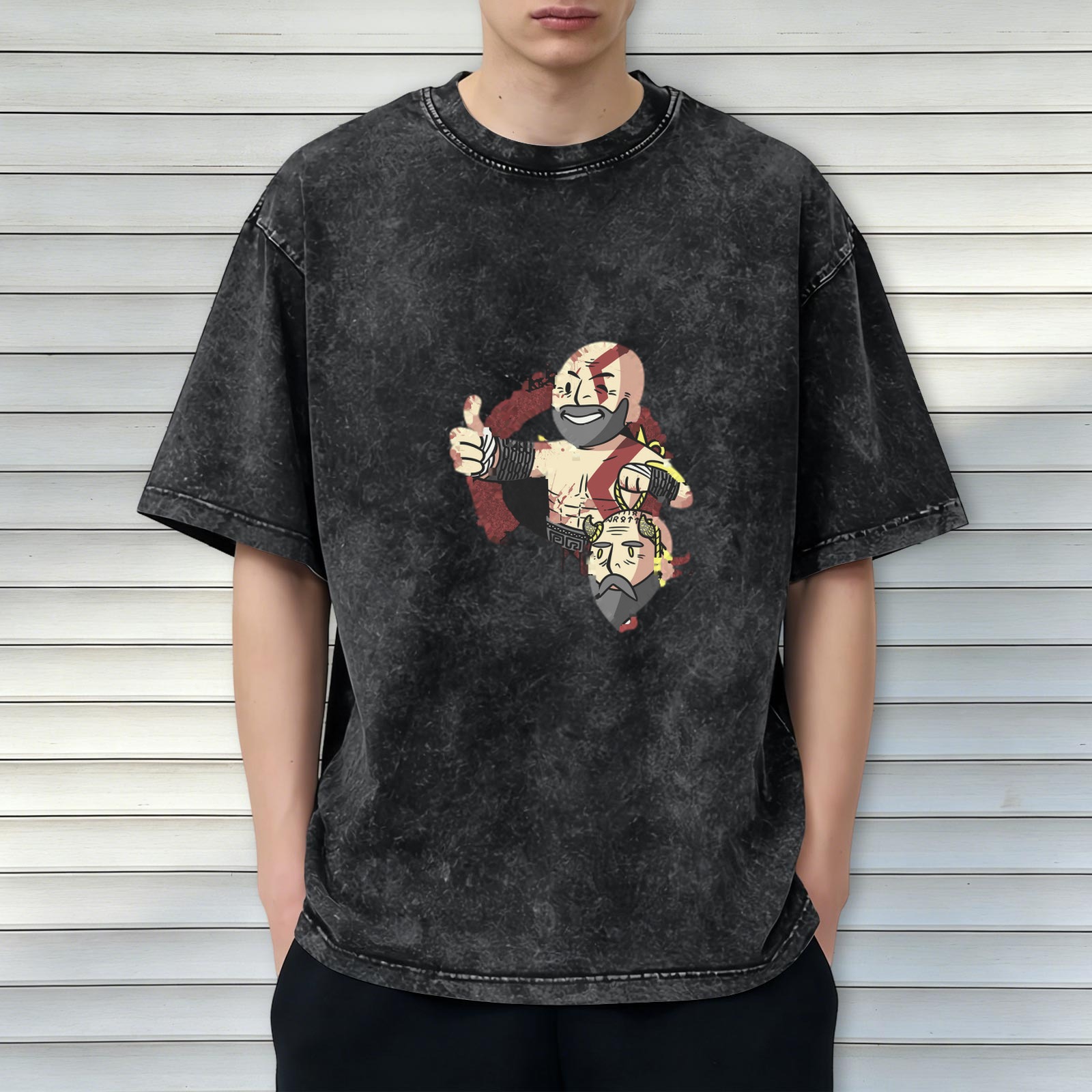 Washed Black T-Shirt with Chibi Kratos Holding Mimir Head Graphic