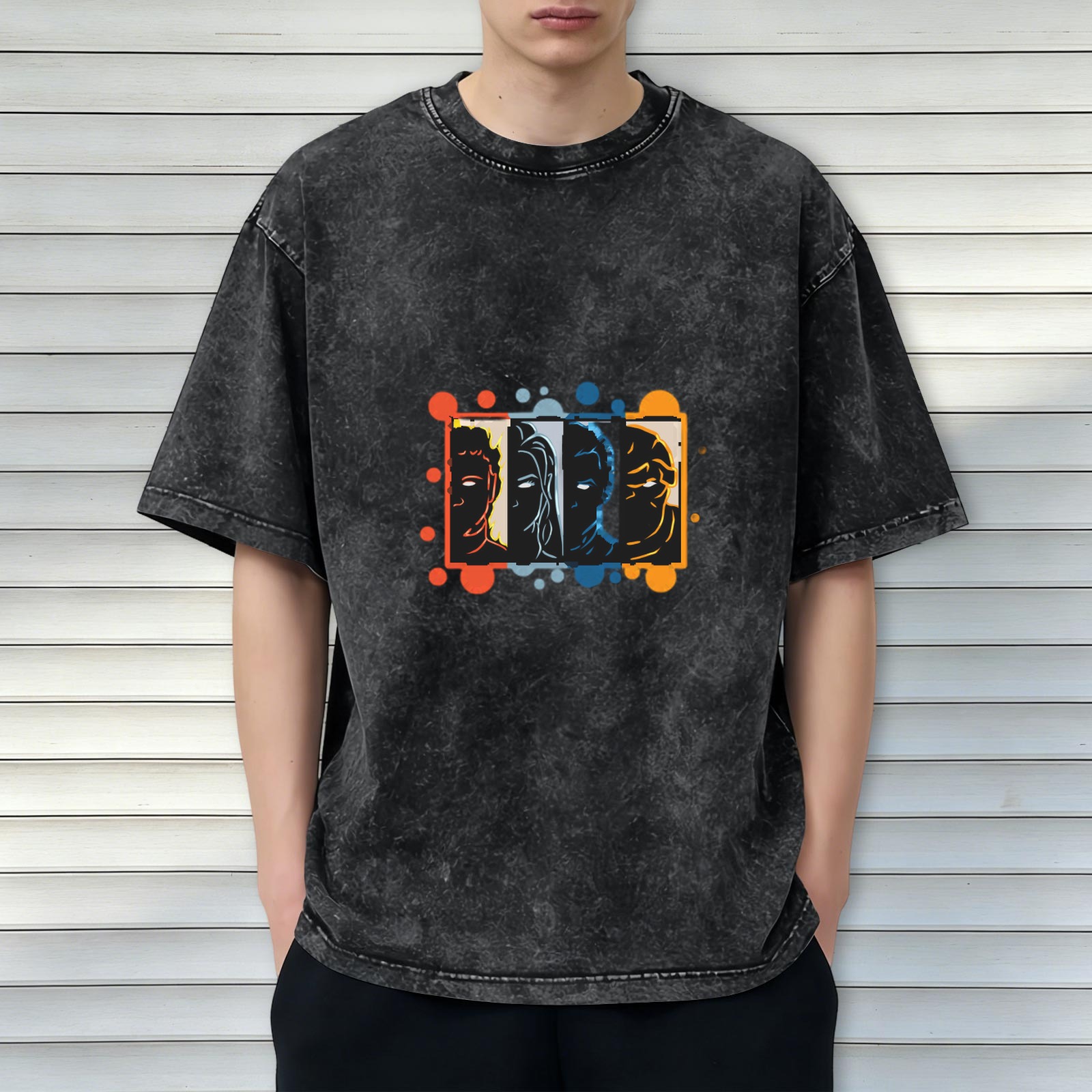 Oversized dark washed t-shirt with four stylized character faces graphic