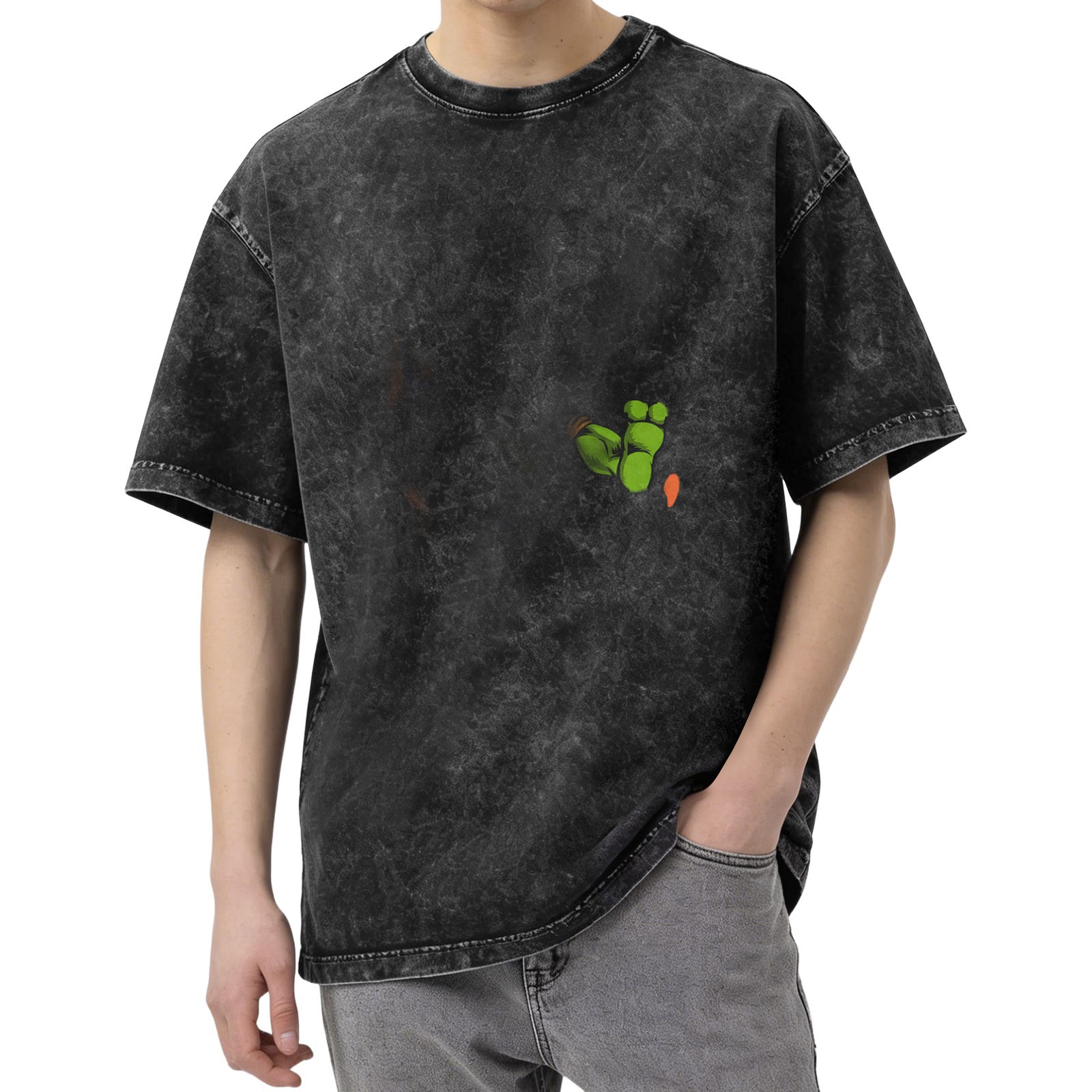 Oversized Acid Wash T-Shirt With Green Foot Print Graphic