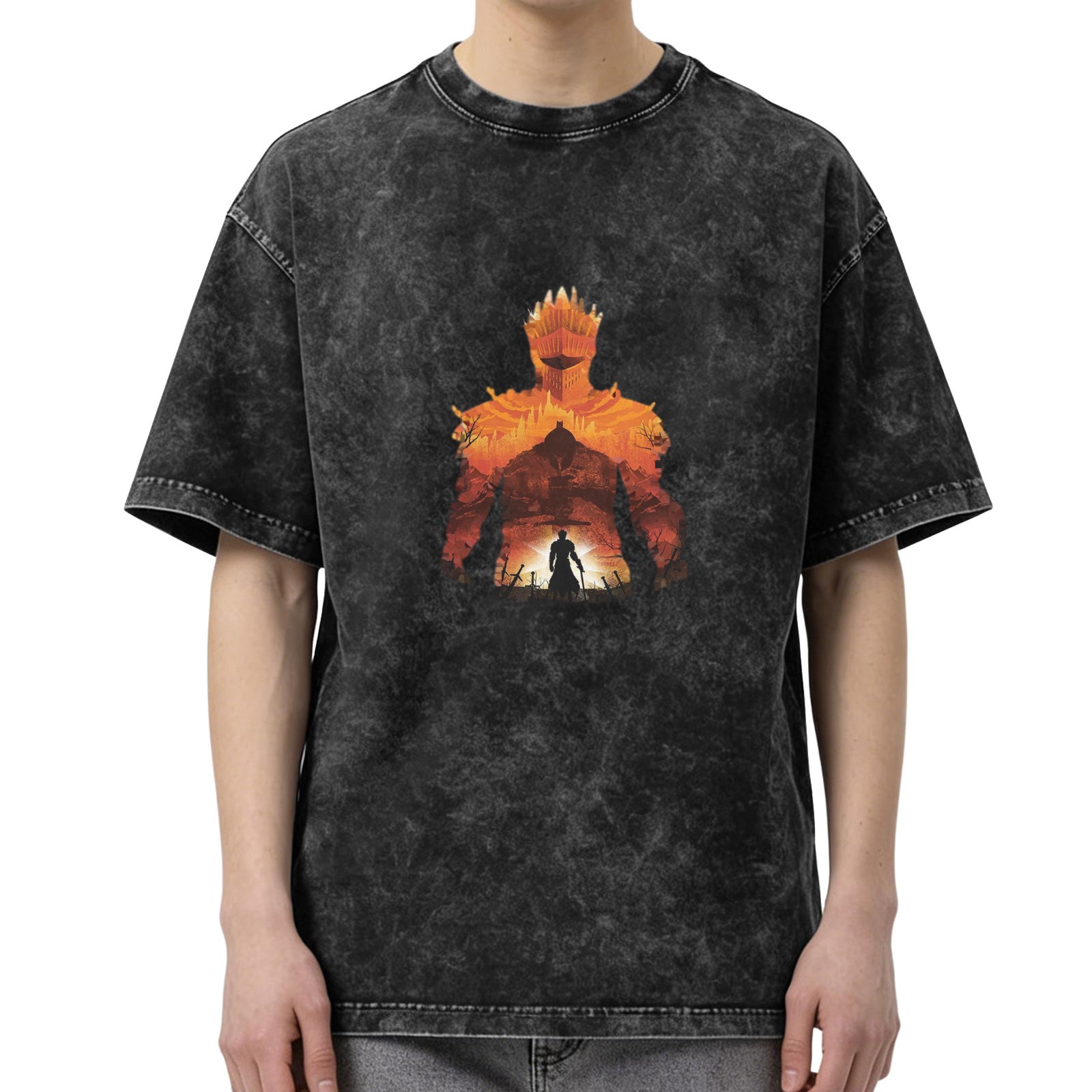 Distressed black short-sleeved T-shirt, game-themed print, loose style