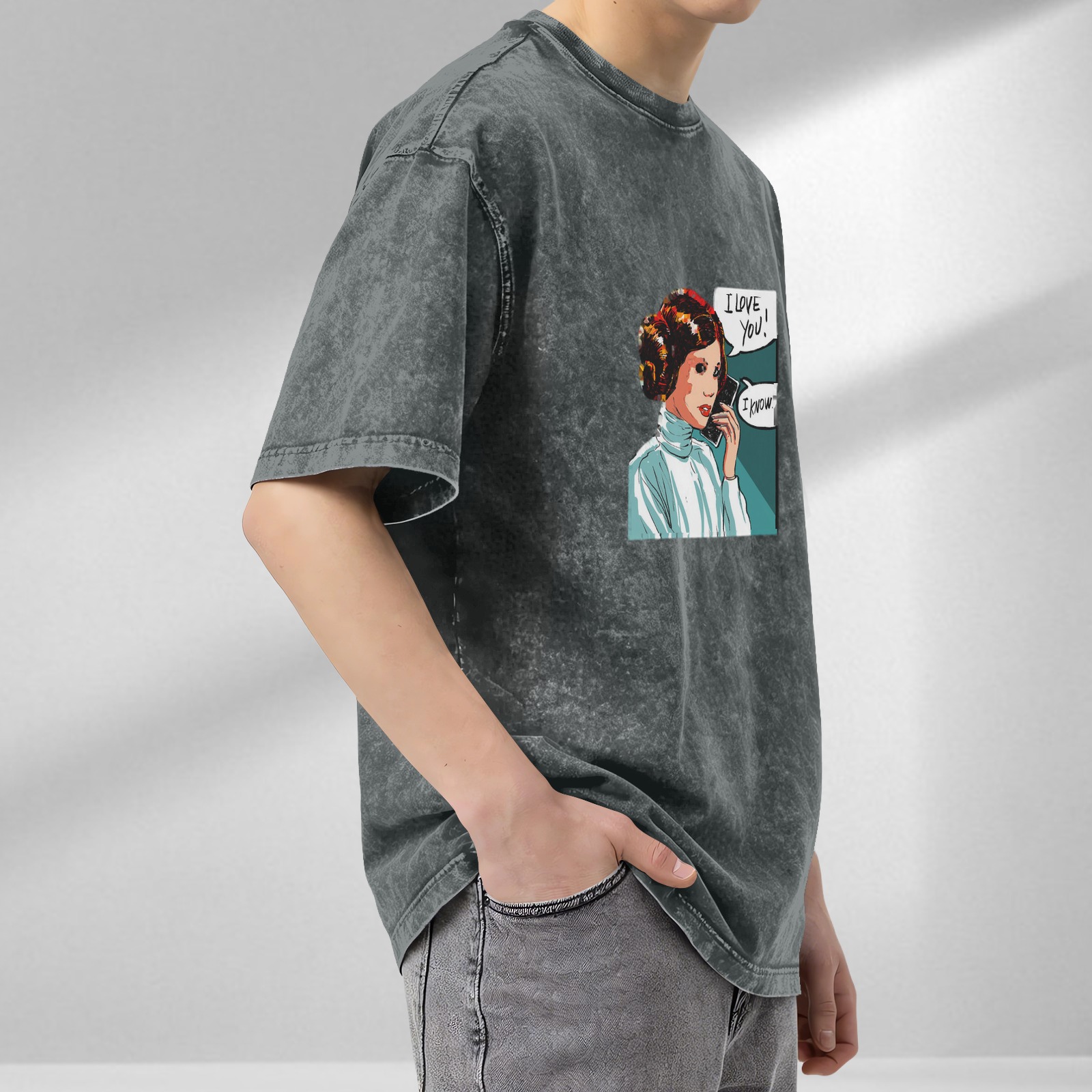 Washed Black T-Shirt with Princess Leia I Love You I Know Artwork