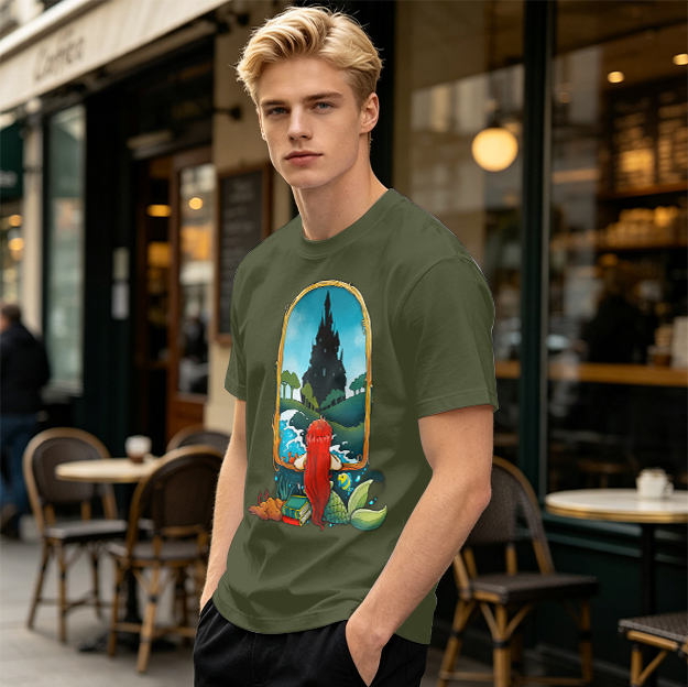 Olive T-Shirt With Mermaid Looking At Castle Art Print