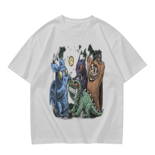 Olive Green T-Shirt With Whimsical Monster Crew Graphic Print