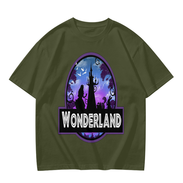 Olive green t-shirt with Wonderland fantasy castle graphic print