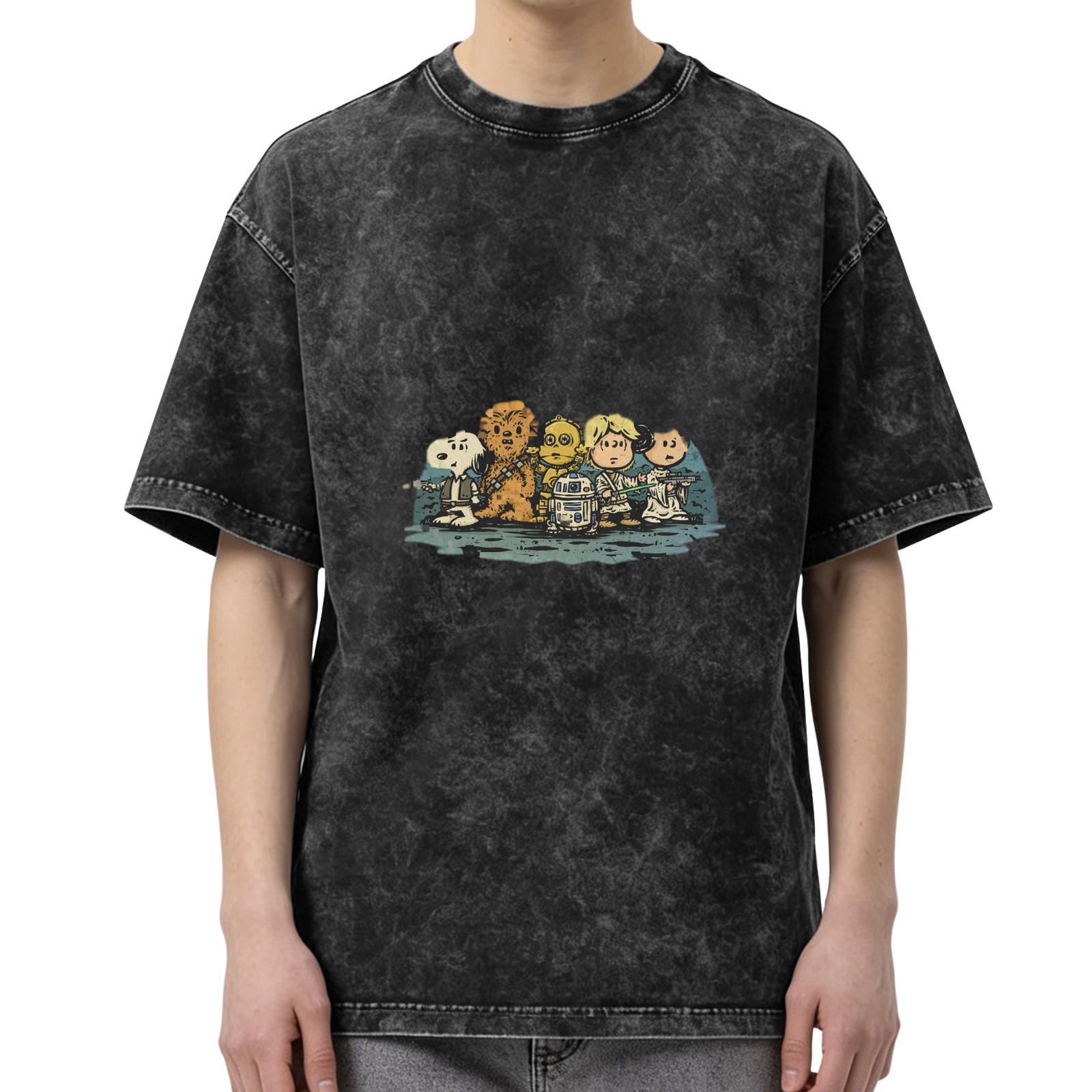 Distressed washed black loose short-sleeved T-shirt Peanuts co-branded Star Wars character printed top