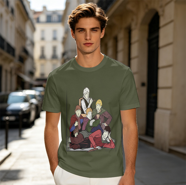 Olive T-shirt with Group of Fantasy Characters Graphic Print