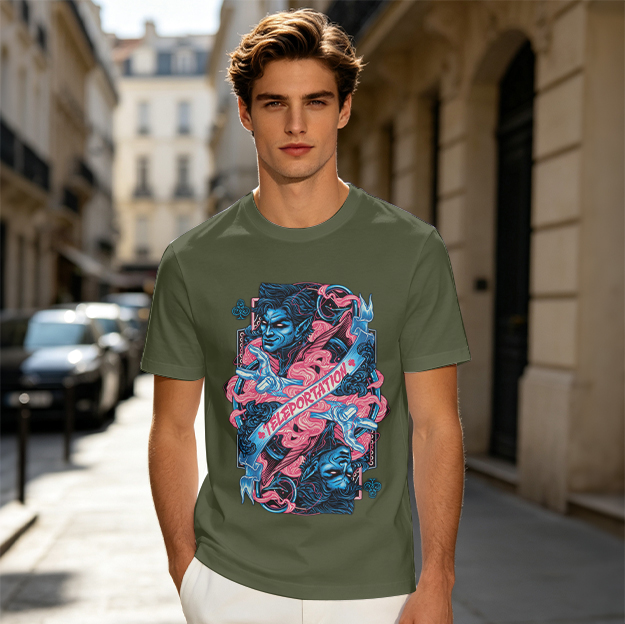 Olive Graphic Tee With Teleportation Demon Artwork