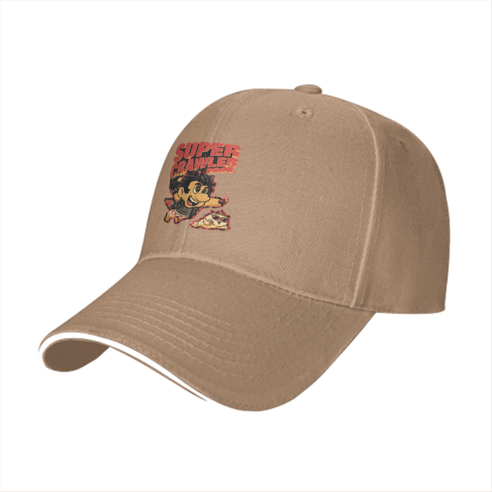Black baseball cap with Super Crawler pizza-themed cartoon graphic