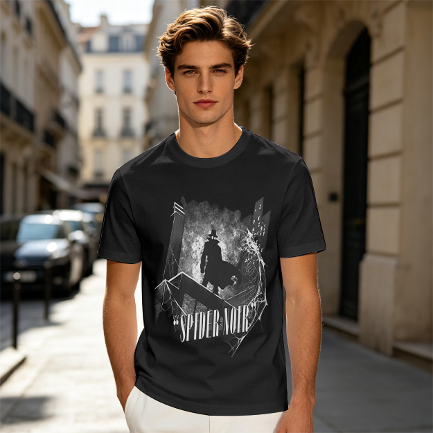 Olive T-Shirt Featuring Spider Noir Silhouette on City Rooftop