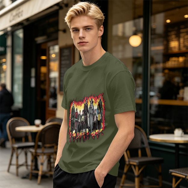 Olive Green T-Shirt With Fantasy Fellowship Group Graphic Print