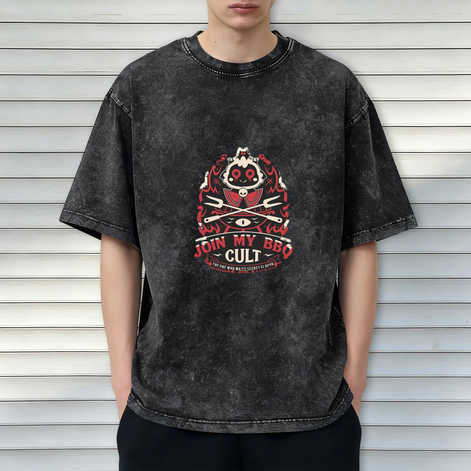 Washed Black Graphic T-Shirt Join My BBQ Cult Design