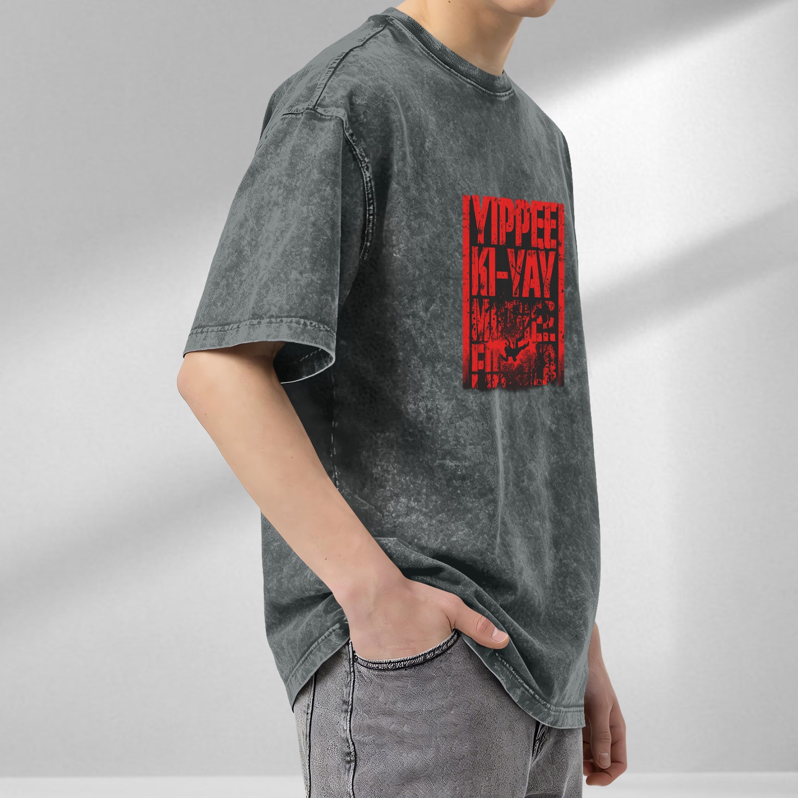 Distressed washed black short-sleeved T-shirt printed YIPPEE KI-YAY theme pattern casual loose style
