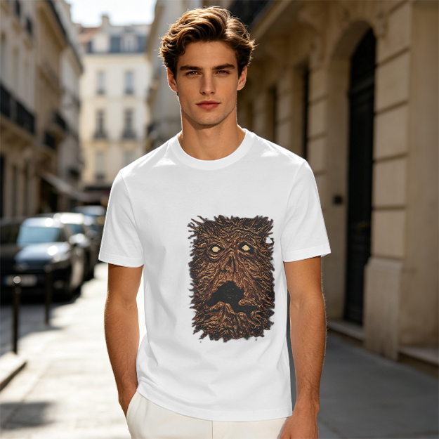 Olive Green T-Shirt with Spooky Tree Monster Face Print