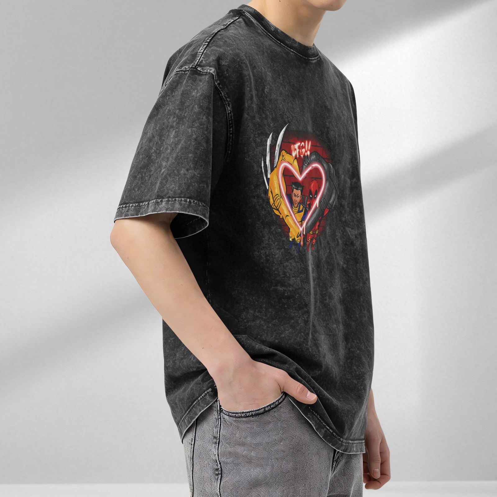 Wolverine and Deadpool Heart Neon Graphic T-Shirt
