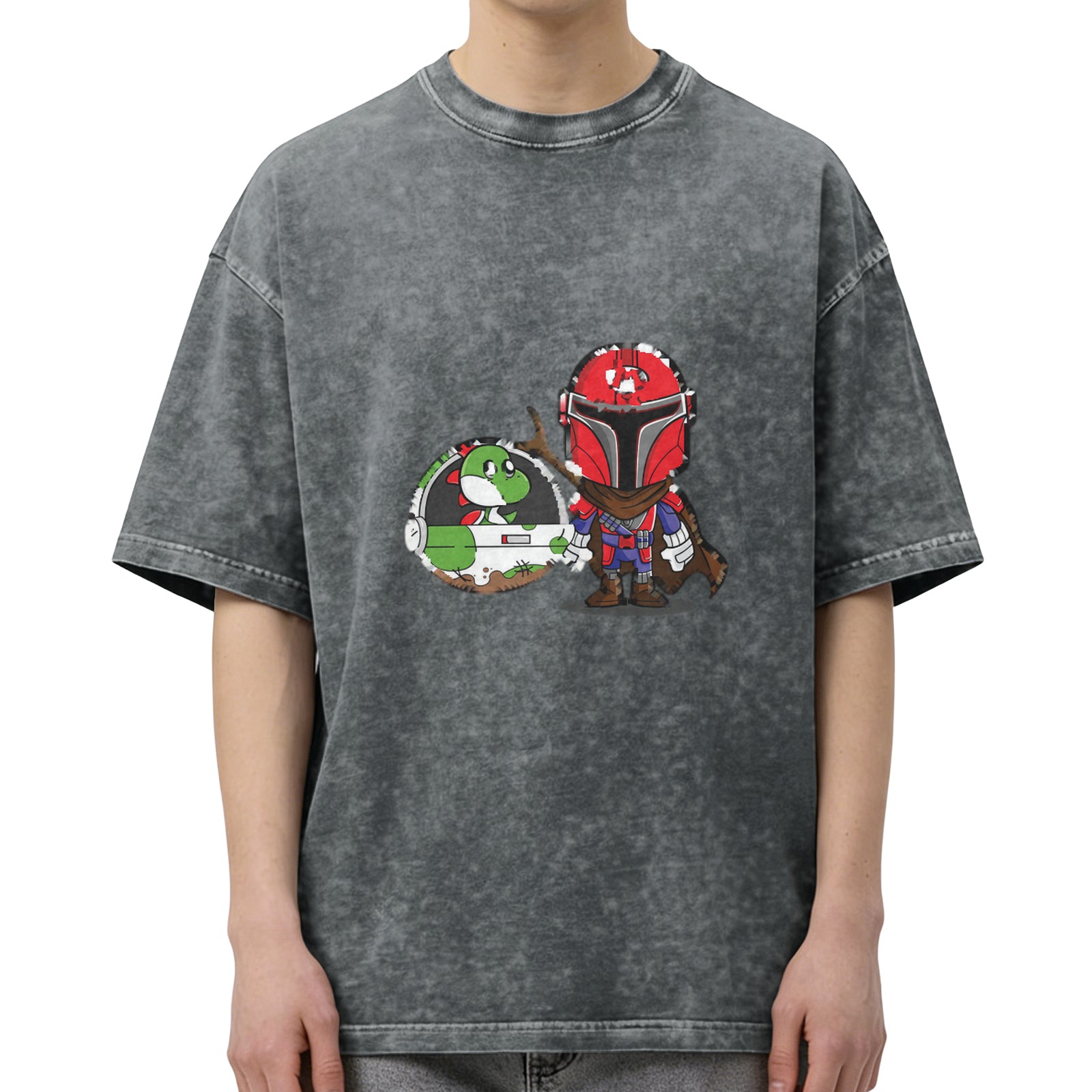 Retro washed black short-sleeved T-shirt, cartoon and anime co-branded print, loose casual top