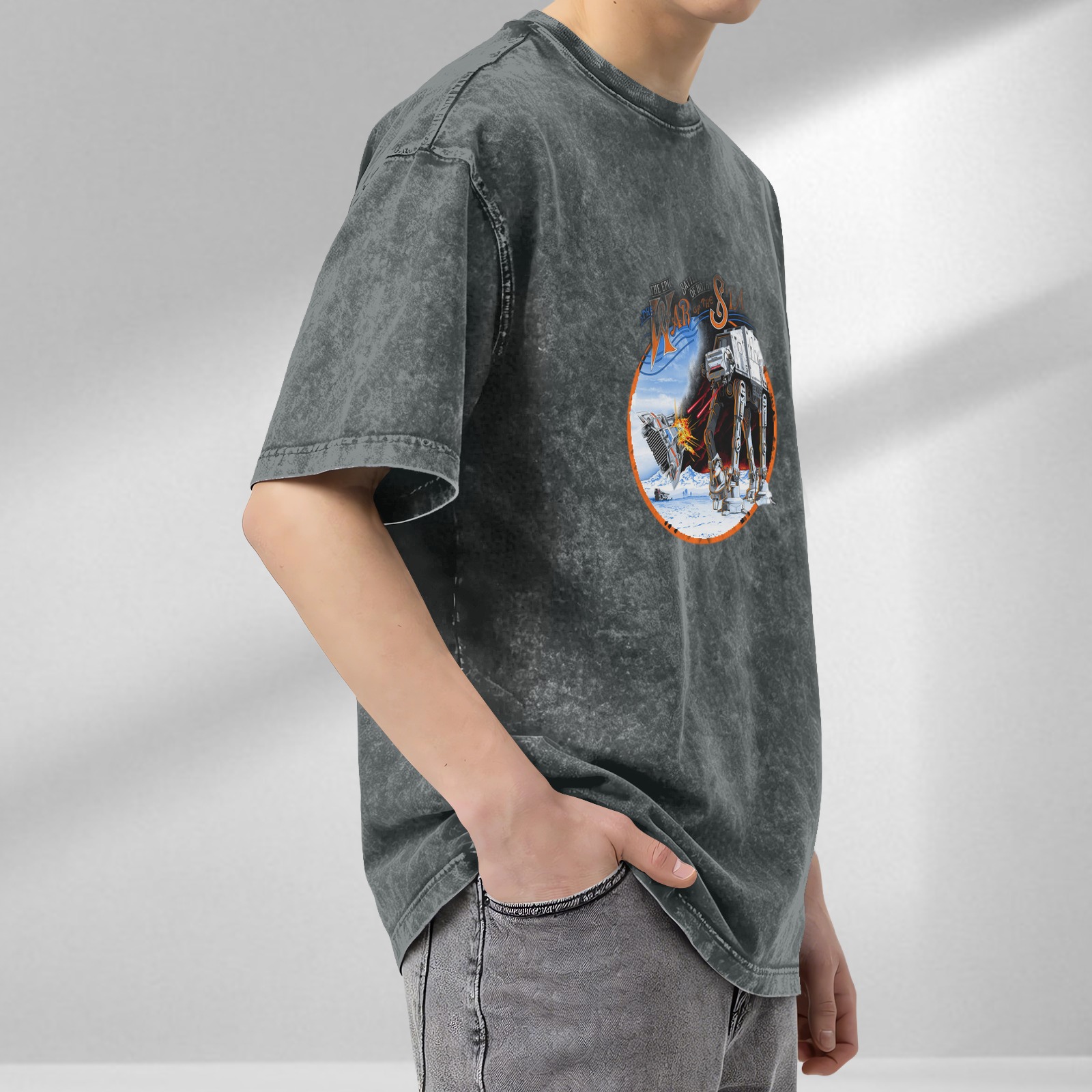 Star Wars Battle of Hoth AT-AT Snow Speeder Graphic Acid Wash Oversized T-Shirt