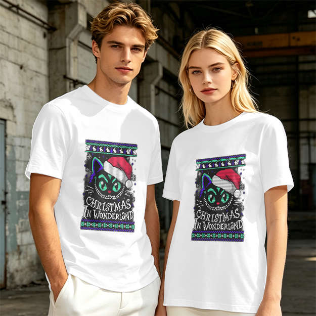 Christmas In Wonderland Cheshire Cat Santa Hat Graphic T-Shirt
