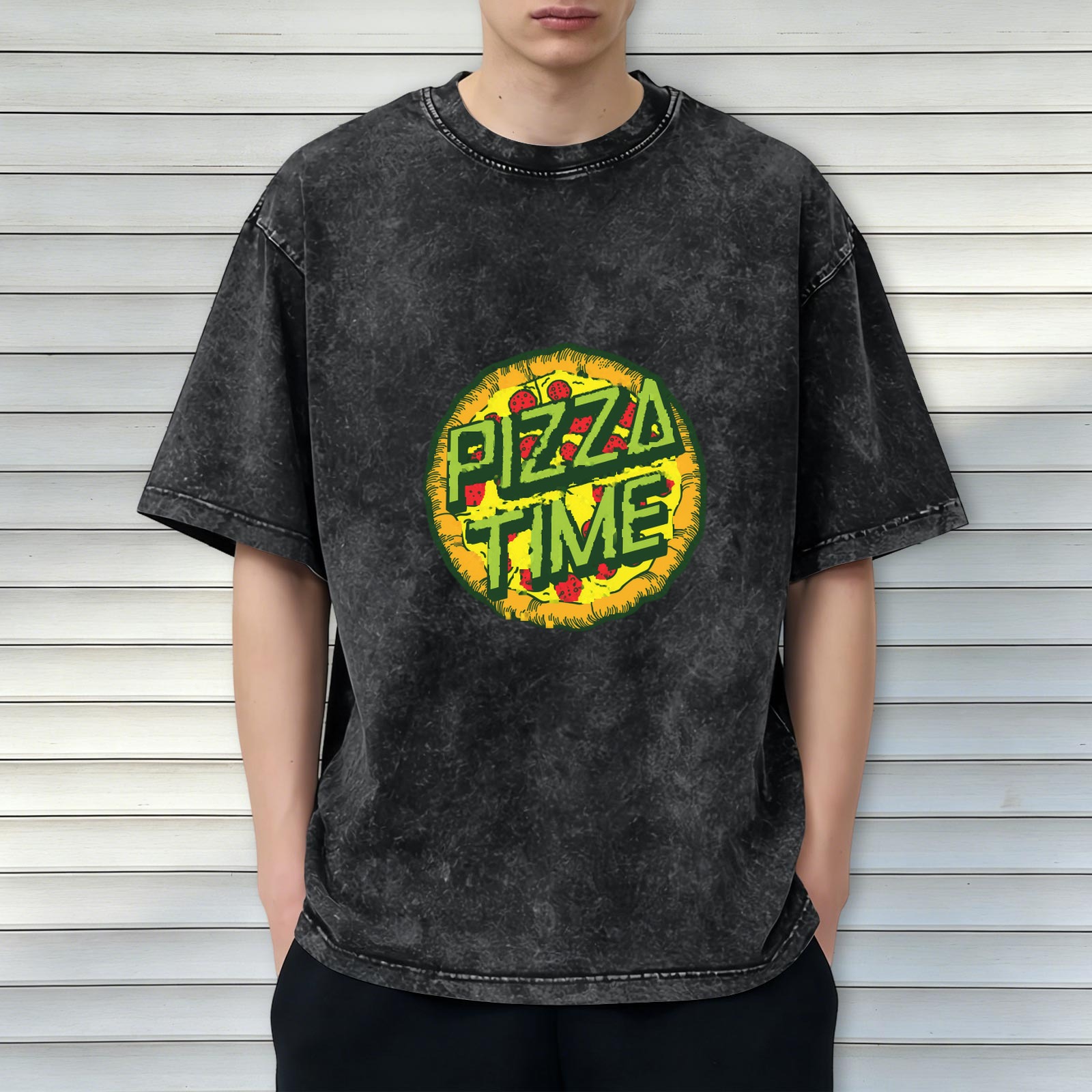 oversized acid wash t-shirt with pizza time graphic print
