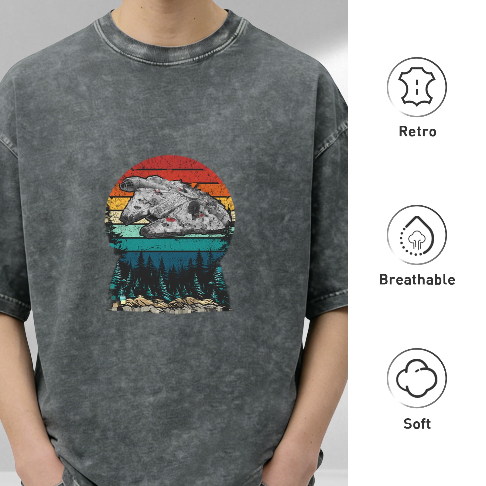 Vintage Washed Black T-Shirt with Retro Sunset Spaceship Forest Graphic